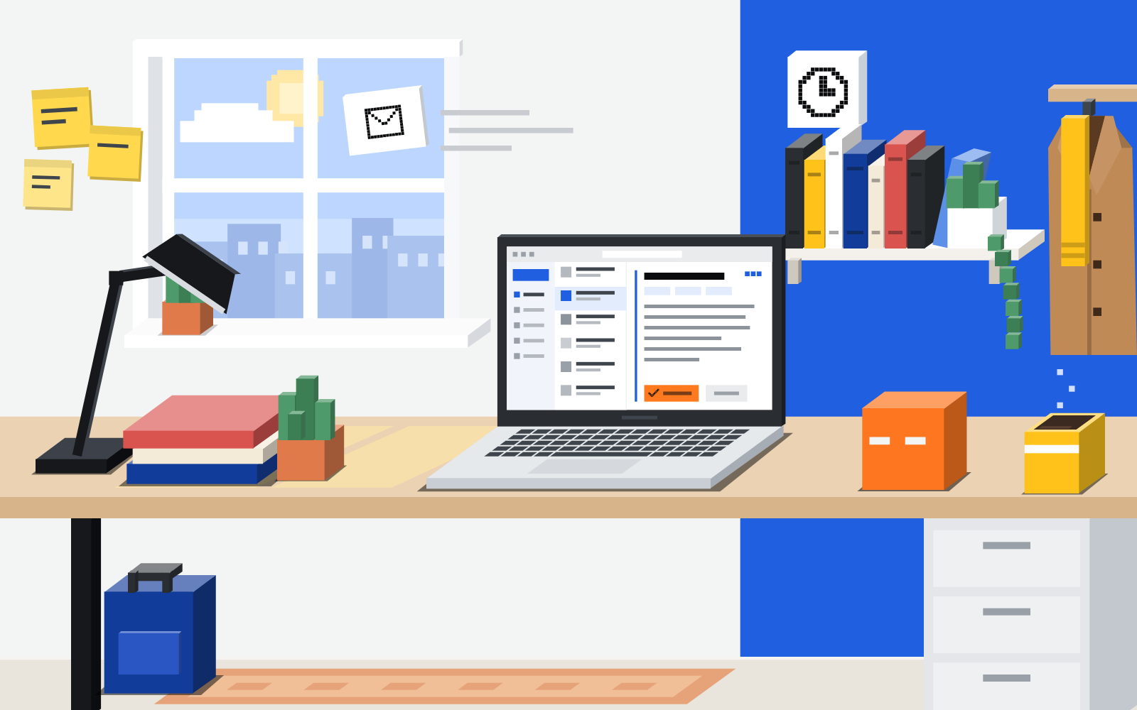 A desk by a sunny window: a laptop with an email open, a mug of coffee, a plant, a lamp and a few books. An envelope flies up and away from the laptop, and the pixel watches it go, content.
