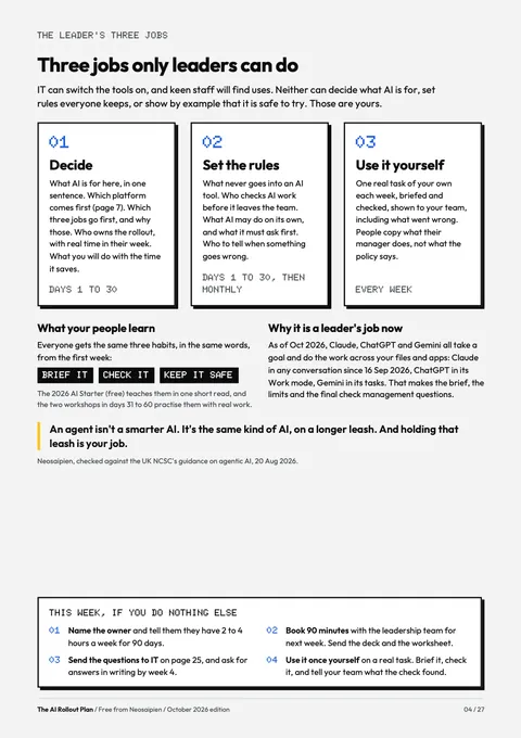 The AI Rollout Plan: The plan: 90 days at a glance