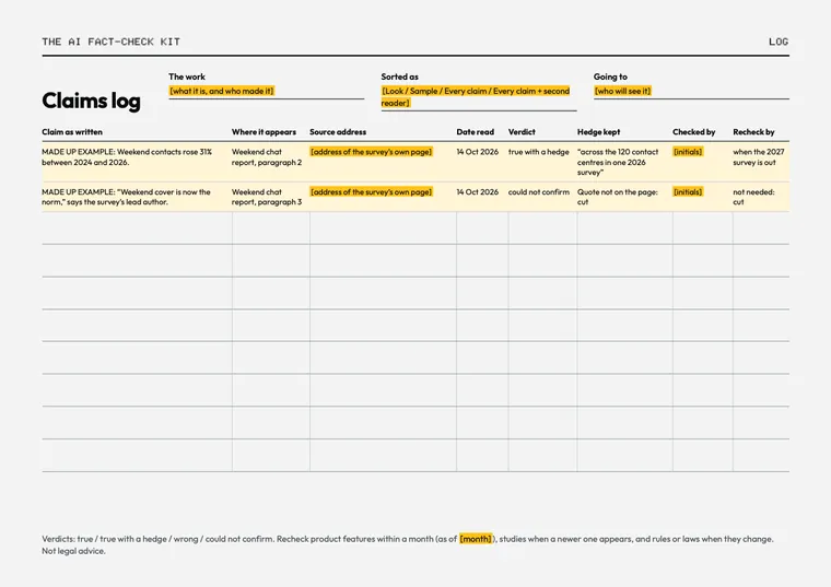 The AI Fact-Check Kit: Claims log, printable