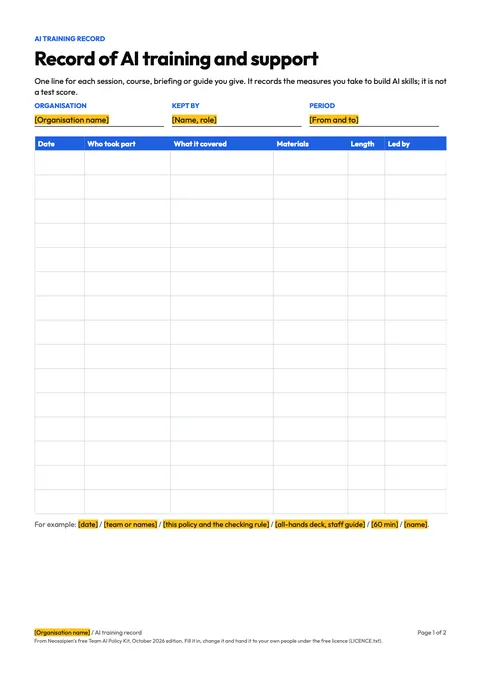 The Team AI Policy Kit: Record of AI training