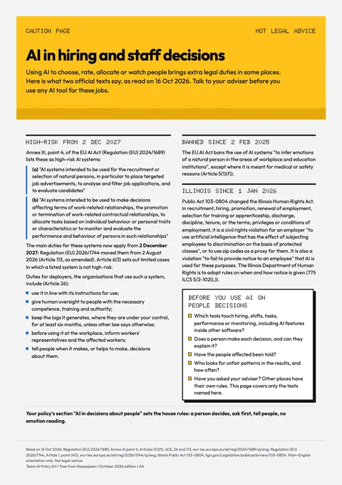 The Team AI Policy Kit: AI in hiring: the caution page