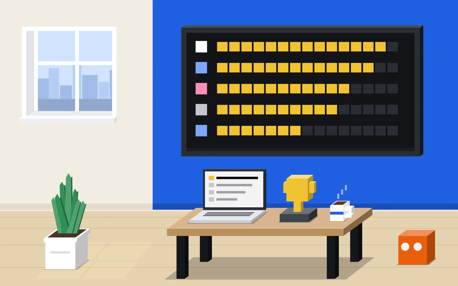 A warm office wall in the morning: a window with daylight, and a big scoreboard on a blue wall with five rows of lit yellow lights, each row a different length. Under it a wooden desk with a laptop, a yellow trophy and a mug. The pixel stands on the floor, looking at the board.