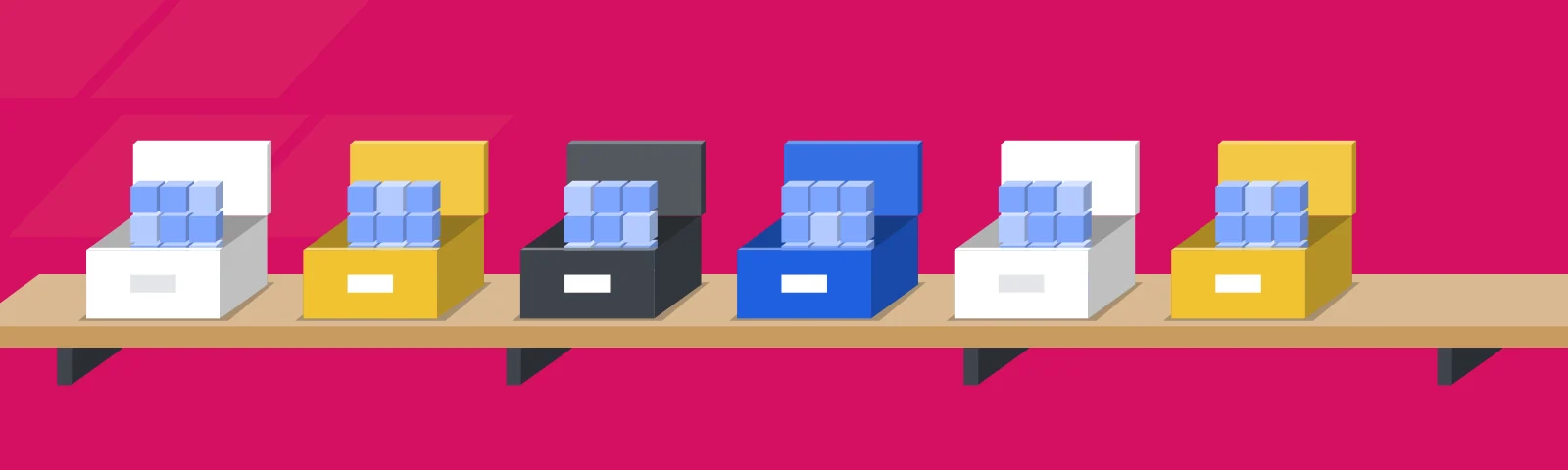 A wooden shelf on a pink wall in the sun, with six open crates on it in white, yellow, dark grey, blue, white and yellow. In each crate stands a block of light blue cells: the model, ready to lift out.