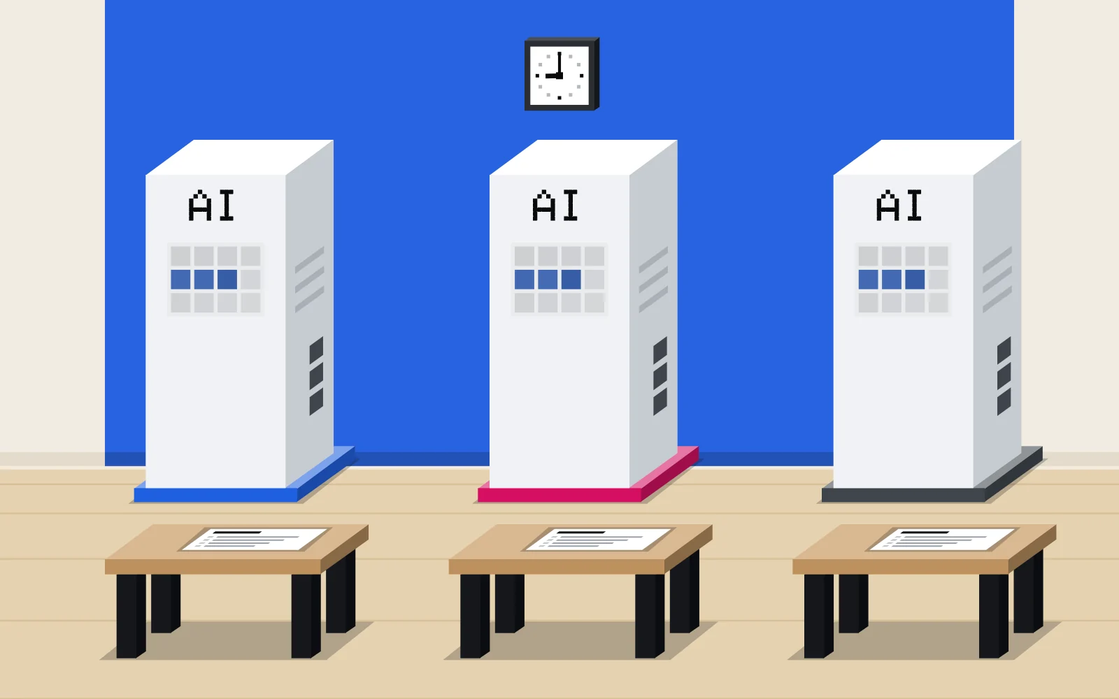 Three tall white AI machines, each standing behind its own small wooden desk with the same exam page on it, a clock on the blue wall.