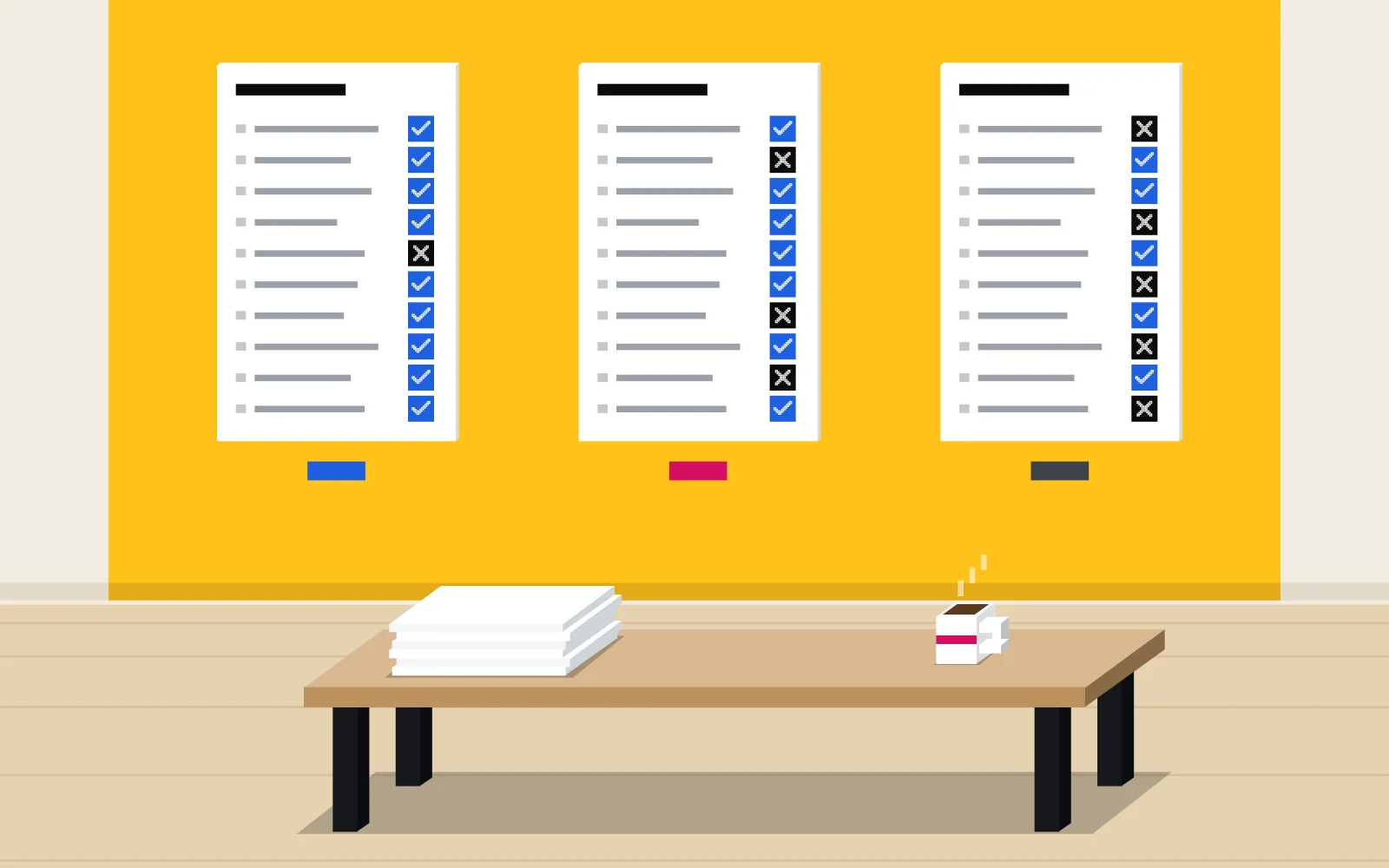 Three exam pages on a yellow wall, ten answers on each, every answer marked with a blue tick or a black cross: nine, seven and five right.