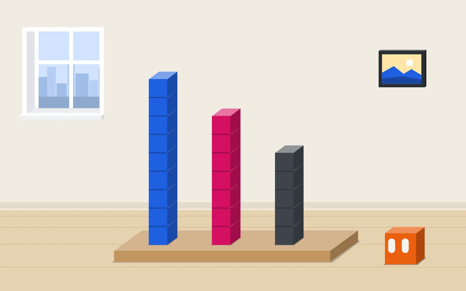 Three columns of blocks on a wooden platform, nine, seven and five blocks high, one block for each right answer. The pixel looks at the columns, surprised.