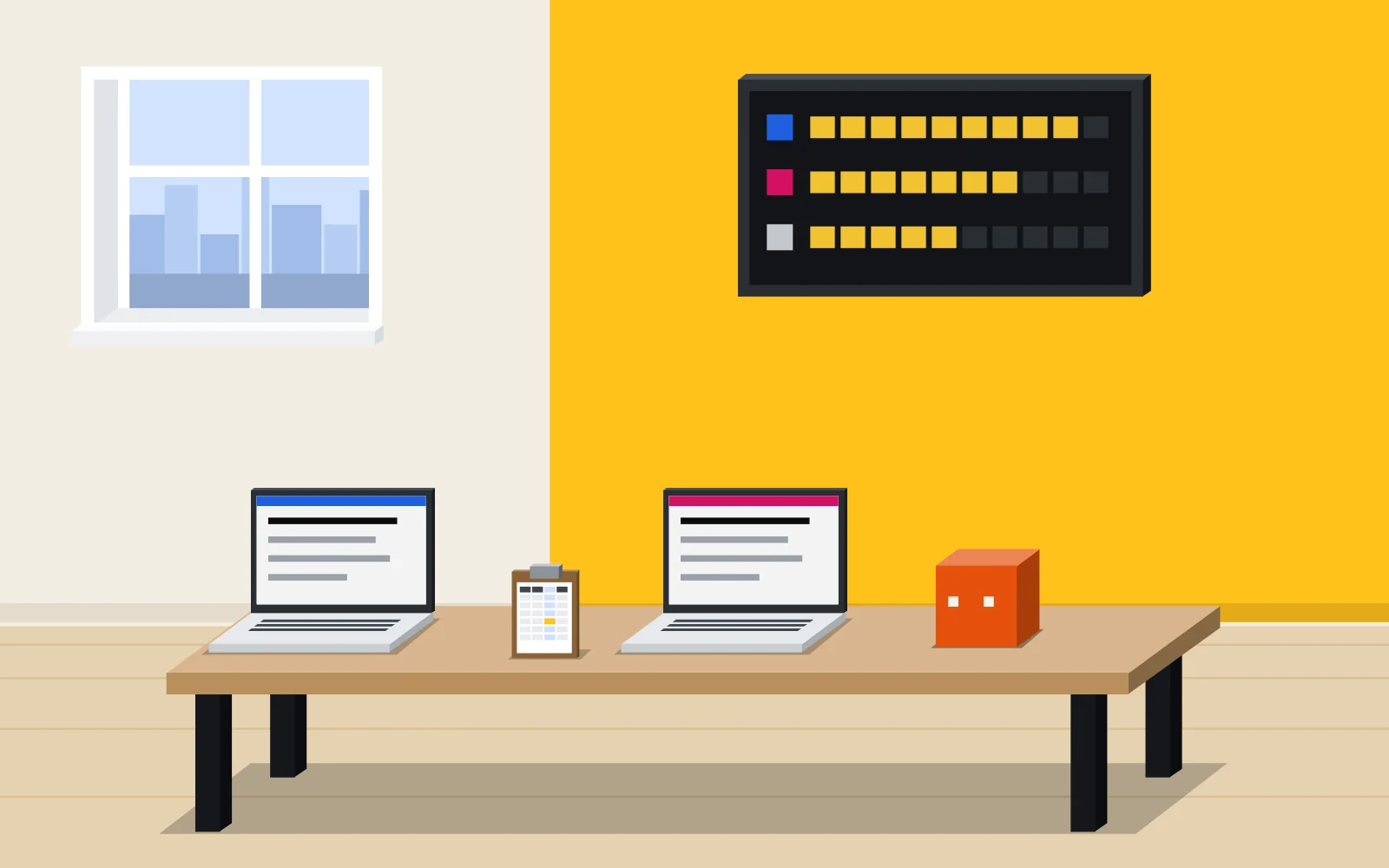 The pixel at its own desk, looking at two open laptops with its own spreadsheet on a clipboard between them. A small scoreboard hangs on the yellow wall behind.