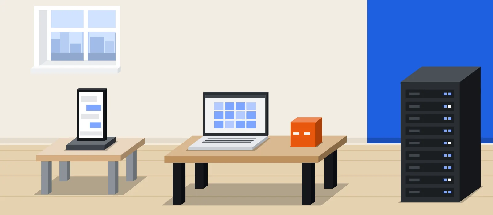 One room, three places to run a model. On the left, a phone on a small table under a window, a chat on its screen. In the middle, a laptop on a wooden desk, its screen full of light blue cells, with the pixel standing beside it. On the right, a dark server cabinet with rows of small light blue lights.