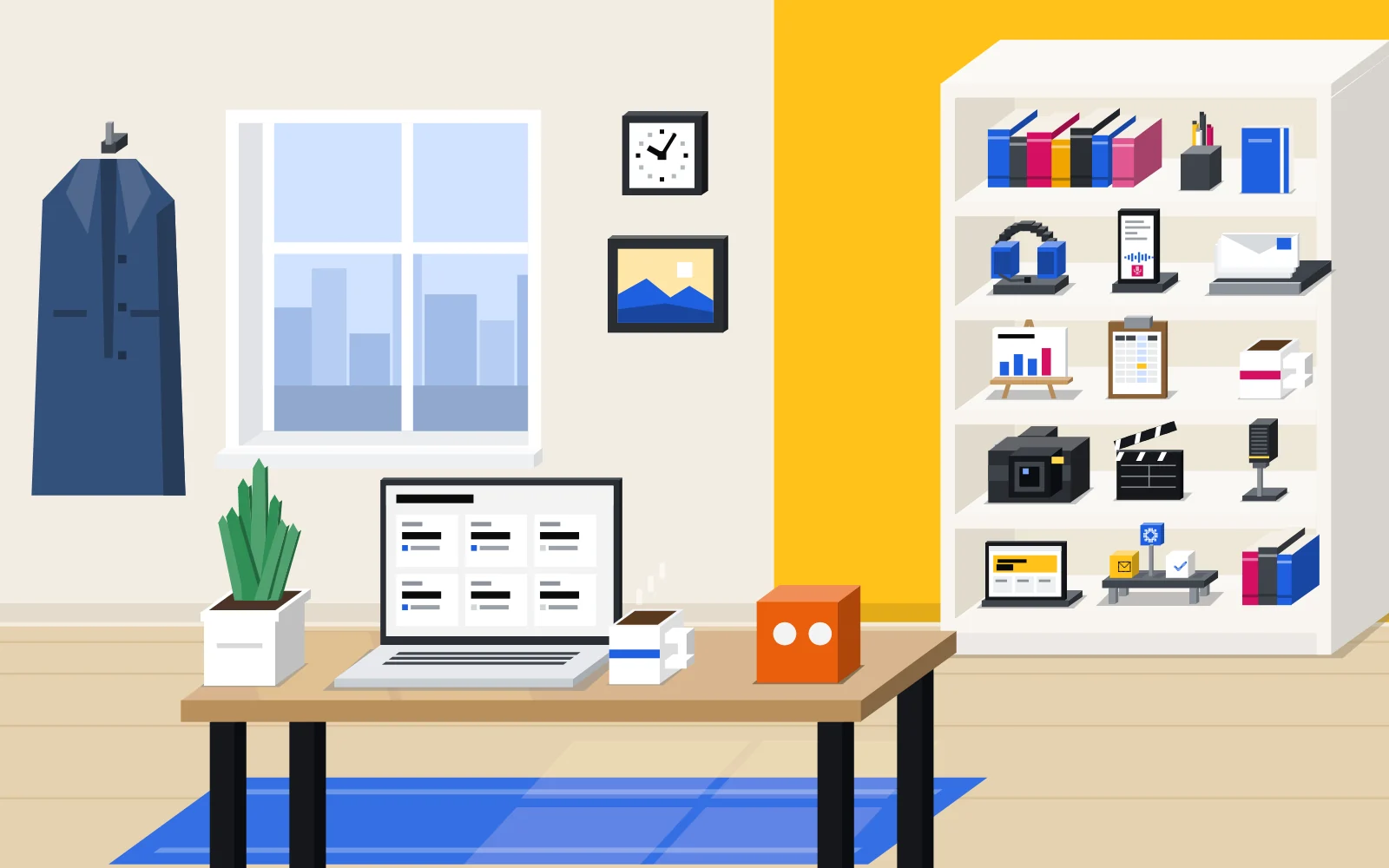 A warm office corner in the morning: a window with daylight, a coat on its hook, a clock and a picture, an oak desk with a plant, a mug and a laptop open on this page. Behind it a bookcase on a yellow wall, its five shelves holding books, a headset, a phone, a letter tray, an easel, a clipboard, a camera, a clapperboard, a microphone, a tablet and a little conveyor belt. The pixel on the desk looks up at the shelves.