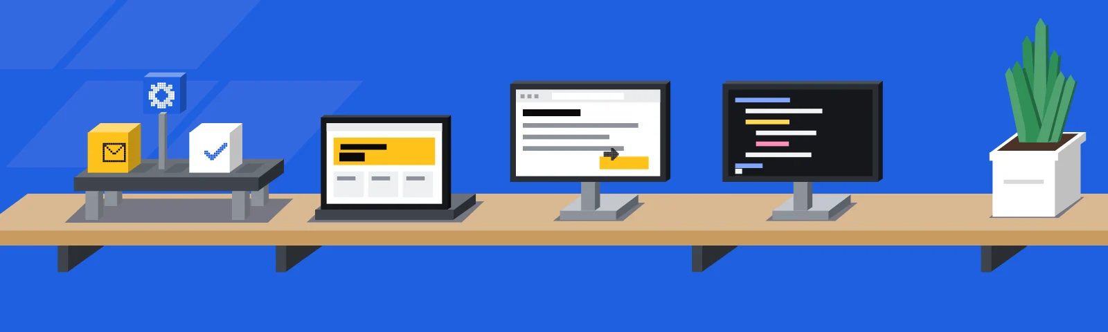 An oak shelf on a blue wall: a little belt carrying an email to a tick under a gear, a tablet showing a small website, a monitor with a browser and a pointer, a monitor with code, and a plant.