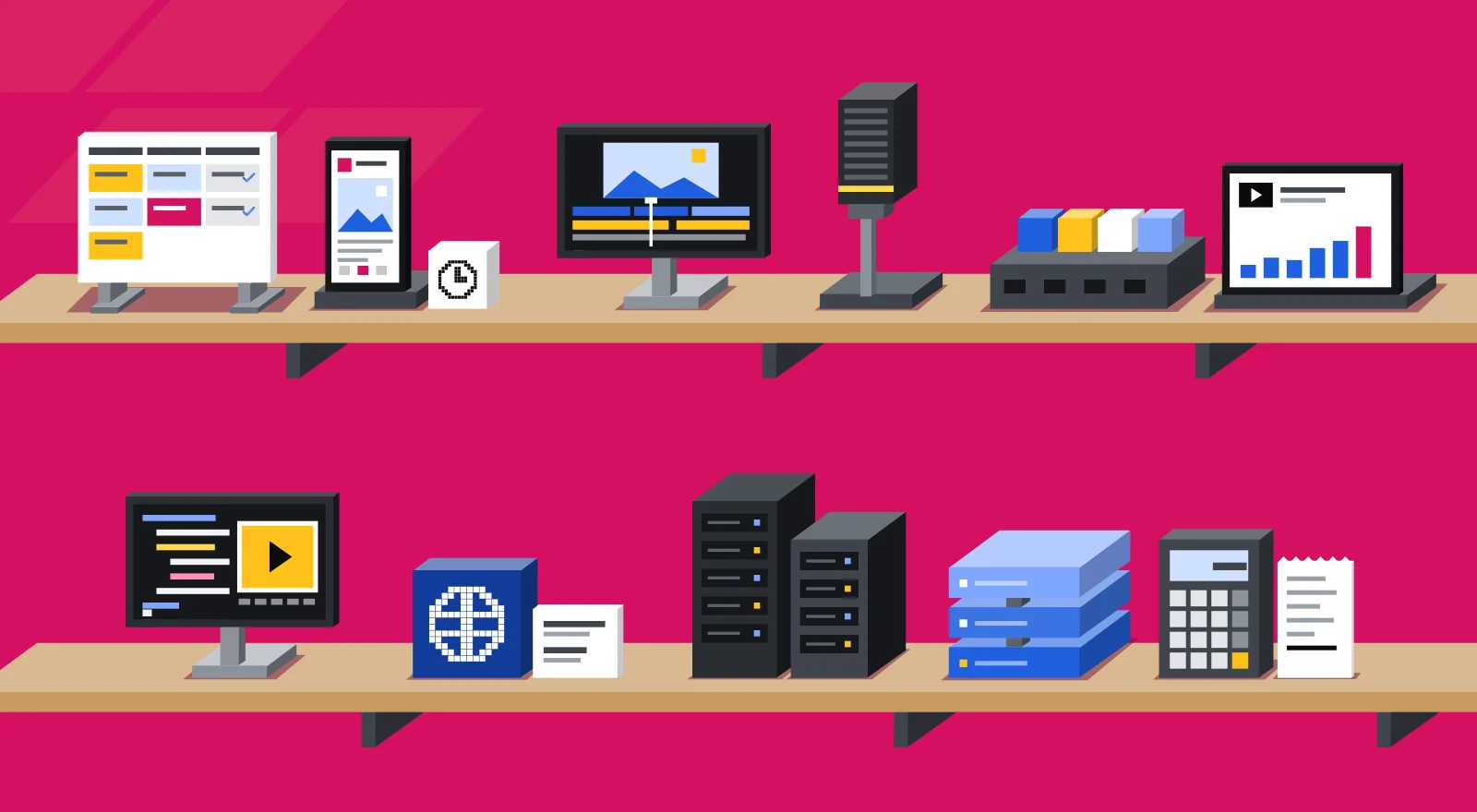 Two oak shelves on a pink wall. On the top shelf: a board of task cards, a phone with a post and a clock, a monitor with a video timeline, a studio microphone, a hub with four model cubes, a tablet with a rising chart. On the lower shelf: a monitor with code beside the video it makes, a globe with a data card, two server towers, a stack of three data slabs, a calculator and a receipt.