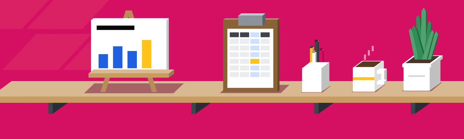 An oak shelf on a pink wall: an easel with a bar chart slide, a clipboard with a spreadsheet, a pencil cup, a mug and a plant.