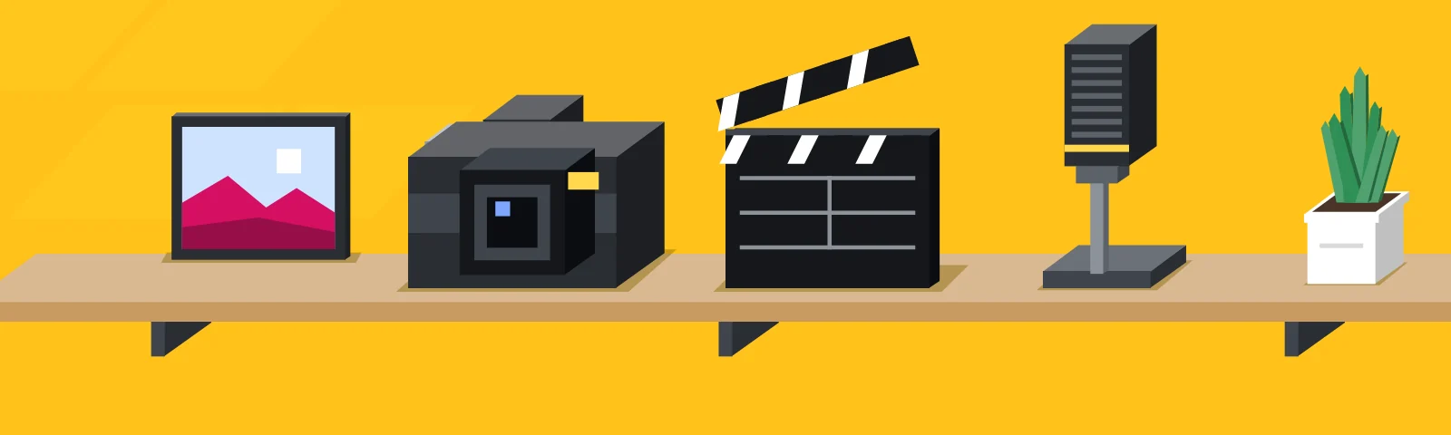 An oak shelf on a yellow wall: a camera, a clapperboard and a studio microphone, a framed photo standing at the back of the shelf and a plant.
