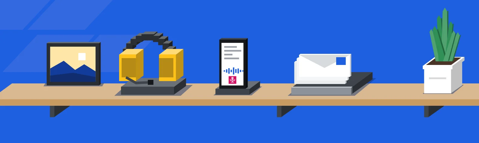 An oak shelf on a blue wall: a headset on its stand, a phone taking dictation, a letter tray of mail, a framed picture standing at the back of the shelf and a plant.