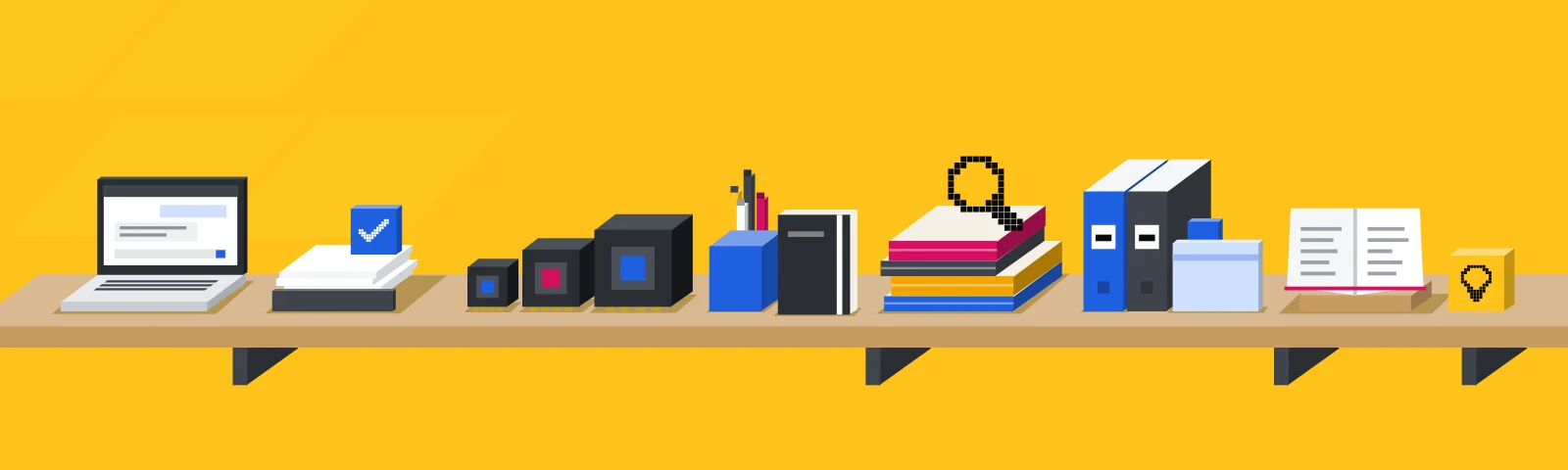 An oak shelf on a yellow wall in the sun: a laptop with a chat open, an out tray with a tick, three model chips, a pencil cup and a notebook, a pile of books with a magnifier, two binders and a folder, an open book with a bulb.